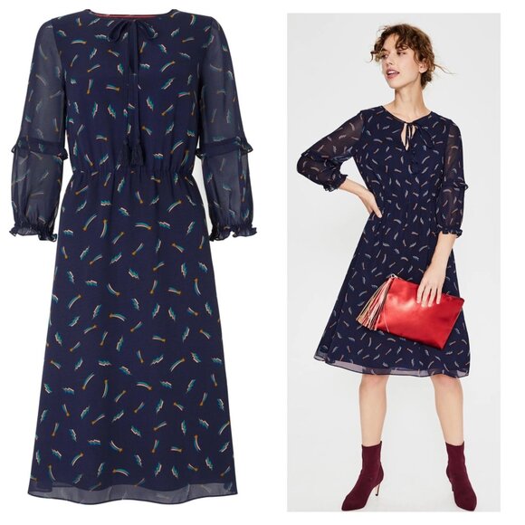 Boden Rainbow Novelty Midi Dress Womens 12 Blue Tassel Tie Shooting Star Modest - Picture 2 of 16